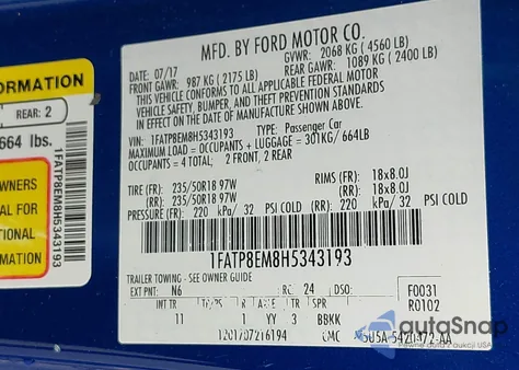 2017 Ford Mustang V6 из США, поврежденный, VIN 1FATP8EM8H5343193